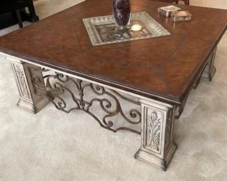 Heavy Square Wood and Iron Coffee Table Excellent Condition 