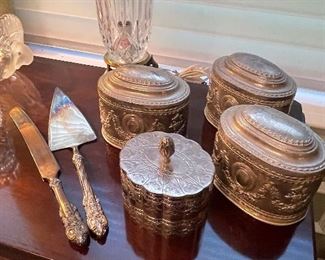 Silver-plate Tea Caddies, Silver-plate Cake Server and Knife, Glass Lamp