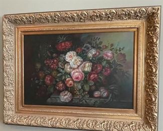 Large Oil Gold Frame Airele Still Flowers