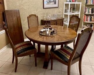 Vintage Round Table One Leaf and 4 Cane Back Chairs Drexel?