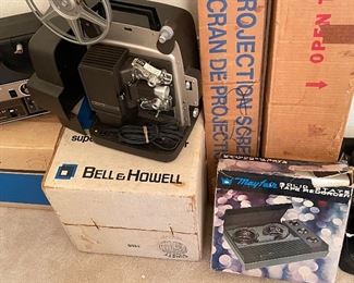 Belle and Howell 8 mm Projectors, Projector Screens, Mayfair Solid State Tape Recorder