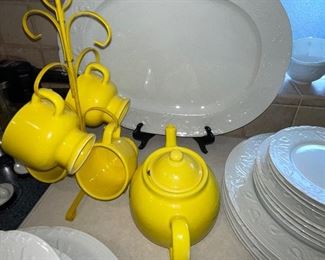 Yellow Tea Pot with Matching Mugs, Rare Charles Haviland White Imperatrice China  Serving Piece Platters