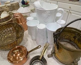 White Milk Glass Pitcher and Tumblers Glasses, Copper Measuring Cups with Hanger