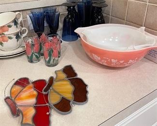 Gooseberry Pyrex Cinderella Bowls, Tulip Glasses