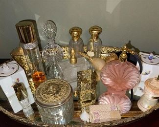 Variety of Vanity Items, Perfume Bottles, Powder Containers 