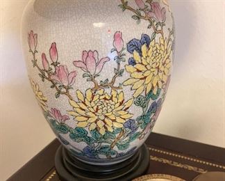 Chrysanthemums Asian Lamp, Ceramic, Wood and Brass