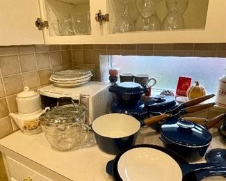 Copco Variety of Blue and White Enamel Pots and Pans, Pie Plates, Vitreous Tea Pot, Large Pyrex Measuring up 