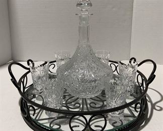 Beautiful Crystal Cut Glass Decanter and Six Shot Glasses on a Metal Mirrored Two Handled Tray