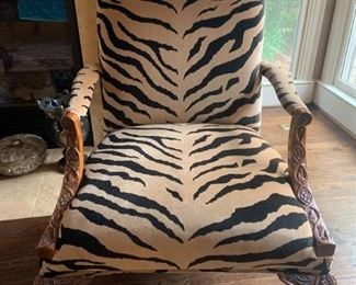 Beautifully Carved Arm Chair with Velvet Animal Print