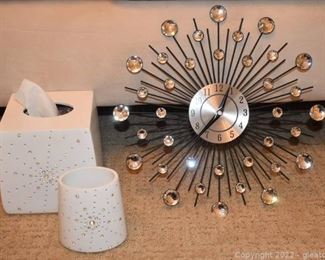 Crystal and Wire Wall Clock with tissue and Toothbrush Holder