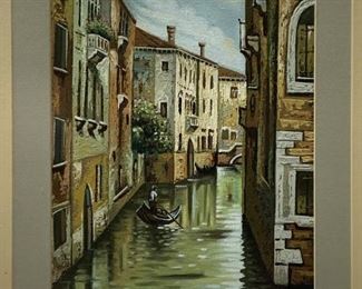 Framed and Signed Oil Painting of a Canal in Italy