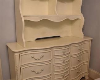 French Provincial Painted Wooden 10 Drawer Dresser with Hutch Top that Lights Up Under Bottom Shelf
