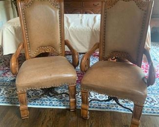 Pair of Pecan Monte Carlo Leather Arm Chairs by Aico