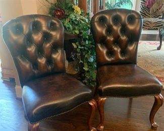 Pair of Tufted Leather Queen Anne Style Dining Side Chairs