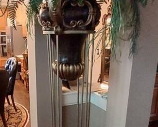 Tall Neo Classical metal Plant Stand with large Urn Planter with Faux Ferns