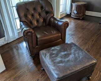 Well Loved Tufted Bernhardt Leather Chair and Ottoman
