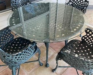 Green patina wrought iron six (6) piece set includes glass top