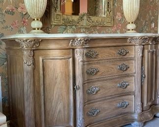 Bernhardt Buffet, Maitland Smith Art Deco Table Torchiere Eggshell Inlay, Ornate Mirror w Grape Motif