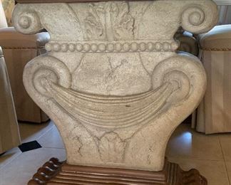 Dining Table w 2 Leather Seat Arm Chairs and 6 Pleated Side Chairs, Table Base w Glass Top