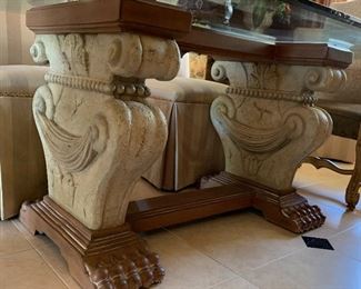 Dining Table w 2 Leather Seat Arm Chairs and 6 Pleated Side Chairs, Table Base w Glass Top