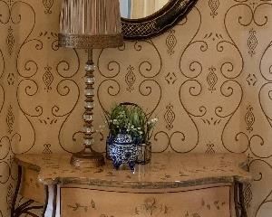 Entry Table w Drawer Hand Painted Iron Base , Oval Mirror, Accent Lamp