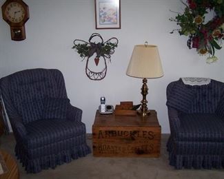 PAIR OF EASY CHAIRS, ANTIQUE COFFEE BOX, BRASS LAMP & MISC.