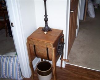 OLD WOODEN CHURN & ANOTHER CROCK