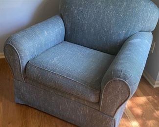 Pair of LANE, Blue Linen, Skirted Upholstered Club Chairs 