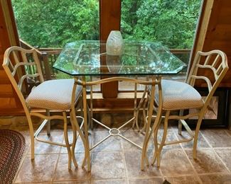 Iron Bistro Set - Thick glass top and 2 Cream & Tan Chairs