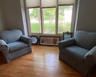 Pair of LANE, Blue Linen, Skirted Upholstered Club Chairs 