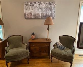 Pair of Sage Feather Seat Bedroom Chairs and Antique Wash Cabinet Table