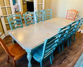 7______$1,695 	
Pensylvannia house professionally upscaled 
Turquoise (8) + Coral (2) Ladder back chair  • 44Tx 21W (x 8)
Table dinnig  • 44W x70L + 2 leaves @ 16inches 
Pennsylvannia house Hutch  • 86Tx35 1/2x 19 1/2