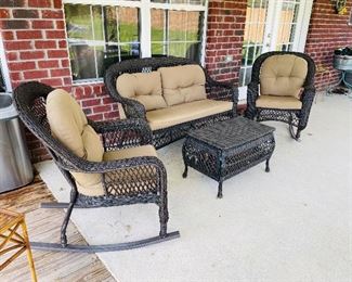 37______$295 	
Patio set all weather wicker brown set 4 pieces (table has storage)