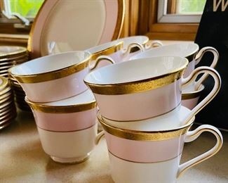 72______$295 
Mary Kay China Gold encrusted band, pink rim 10cups saucers +
  6 serving pieces 
10 dinner + 10 salad + 10 b&B