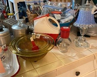 Bakelite red/white pitcher - yellow depression glass bowls - Bakelite and vintage kitchen tools