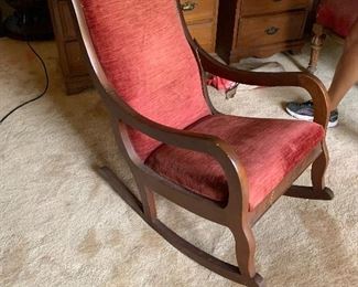 Antique rocking chair with red fabric- arm needs repairs $50