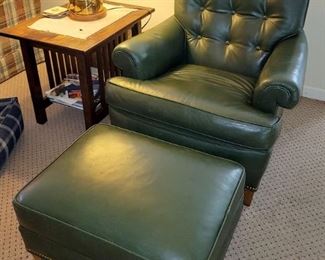 Green leather chair with ottoman