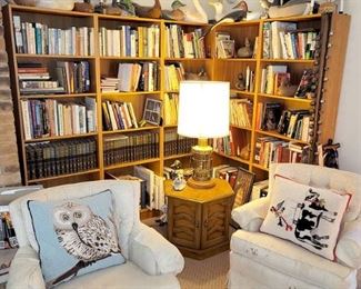 Bookcases, books, wood birds