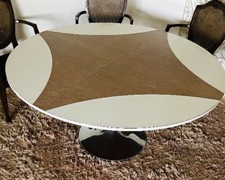 Mid century modern round table rotates like a lazy Susan. 
Excellent vintage shape