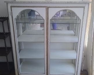 White painted curio cabinet with gold motif 42.5wx 15 d x 52.5h