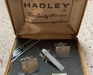 Hadley hand-engraved sterling silver cufflinks and tie clip
