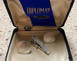 Diplomat sterling silver cufflinks and tie clip