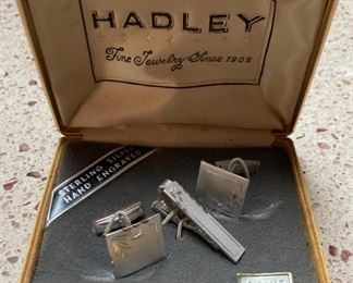 Hadley hand-engraved sterling silver cufflinks and tie clip