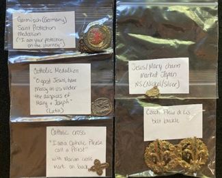 Vintage jewelry: German Saint protection medal, Catholic cross, Catholic medalion, Nickel/SilverJesus and Mary charm, Czech Fleur de Lis belt buckle