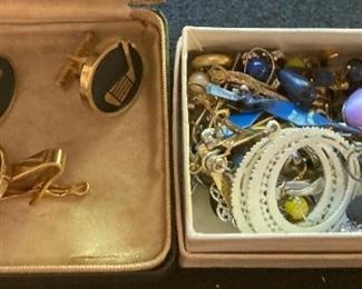 Vintage golf cufflinks and tie clip; vintage costume earrings