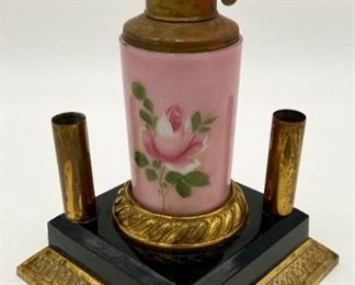 Antique brass and hand-painted glass oil lamp