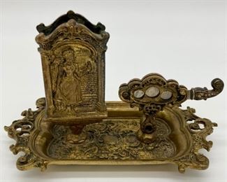 Antique brass ashtray with cigarette/cigar cutter and match holder