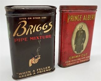Vintage P. Lorillard Co. Briggs pipe mixture metal pocket cannister and vintage RJ Reynolds Tobacco Company Prince Albert tobacco metal pocket cannister 