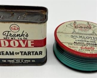 Vintage The Frank Tea & Spice Co. Dove Brand Cream of Tartar metal cannister and vintage The Columbia Carbon Company Silkloth typewriter ribbon metal cannister 