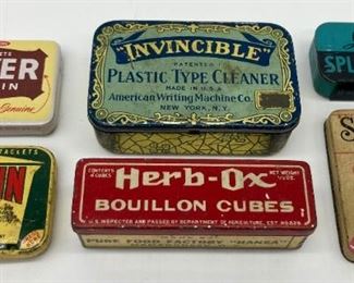 Vintage metal pocket boxes: Sterling Drug, Inc. Bayer aspirin, Ideal split shot, Whitehall Pharmaceutical Company Anacin analgesic tablets, Pure Foods Factory Herb-Ox bullion cubes, American Writing Machine Co. Invincible plastic type cleaner, and American Circle Co. Sen-Sen throat ease.